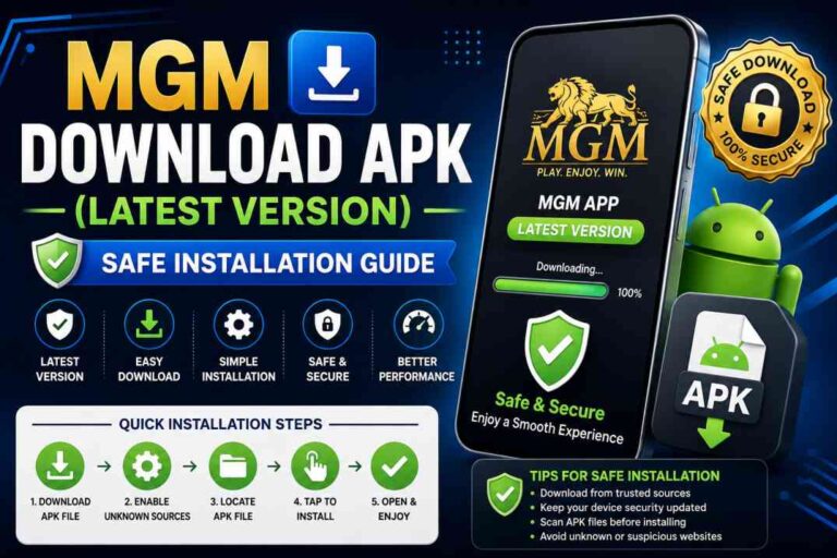 MGM Download APK latest version installation guide displayed on an Android smartphone with secure download illustration.